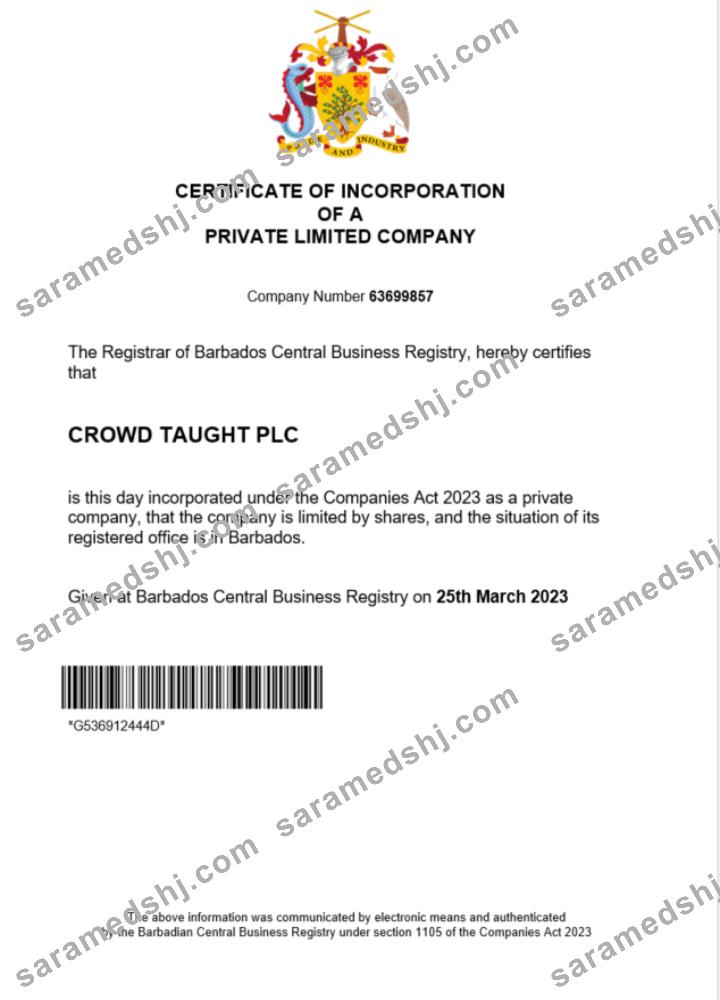 Barbados certificate of registration Word and PDF template